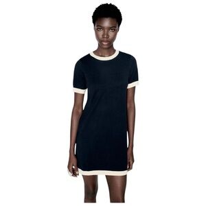 ZARA Knit Mini Dress Navy Ecru Contrast Trim Size S